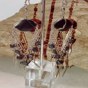 Chandelier Dangling Earrings Hook Vintage Silver Tone Black Stone Tribal Alpaca